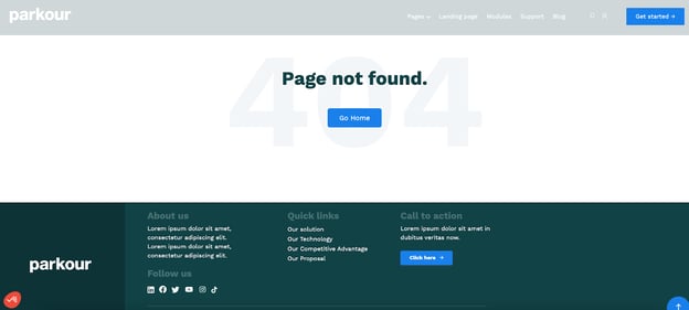 Screenshot of Parkour theme's 404 error page