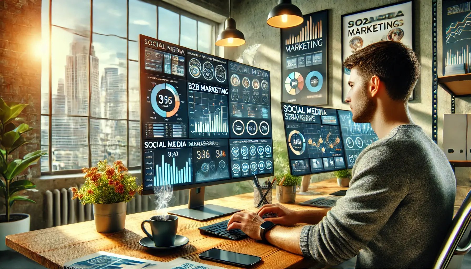 DALL·E 2024-12-31 10.36.59 - A B2B marketing professional sitting at a modern desk, surrounded by computer screens displaying data charts and social media statistics. One screen s