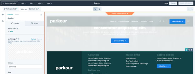 Screenshot of Parkour theme's Footer editing page